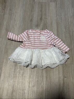 Pastourelle Pink and White Striped Lace Hem Dress